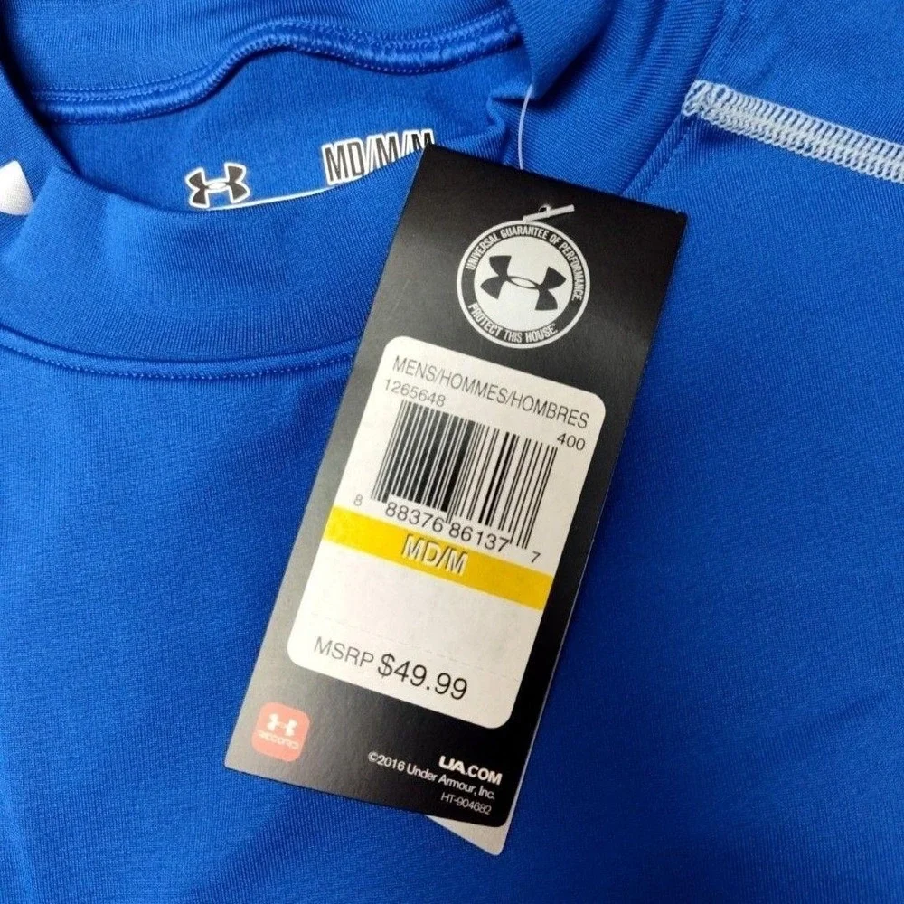 Under Armour Shirt Mens M Blue ColdGear Compression‎ Mock Base Layer Tagless